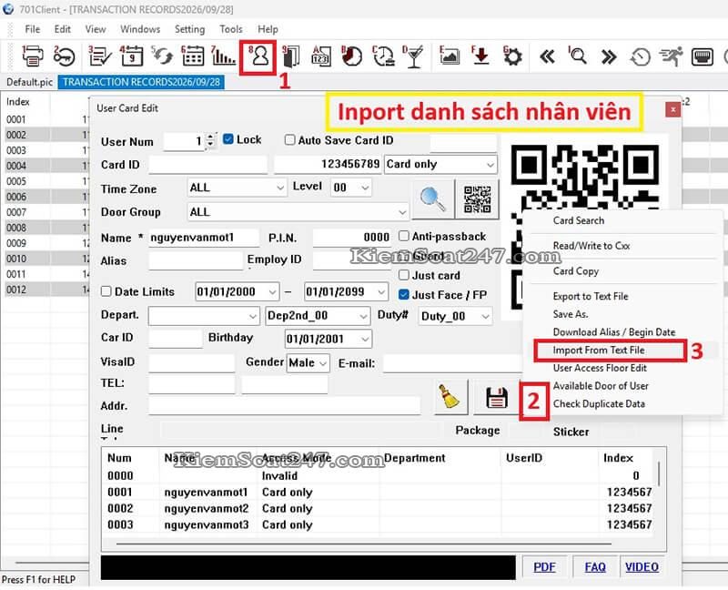 inport danh sach nguoi dung Soyal 701 client